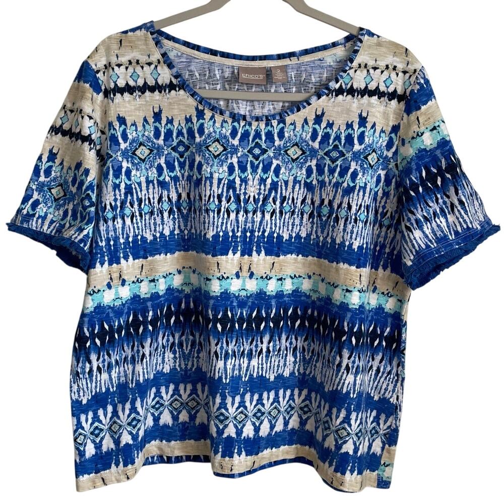 Chico’s Cotton Top Ikat Print Sz L Fringed Short Sleeve Hem Blue Tan Coastal